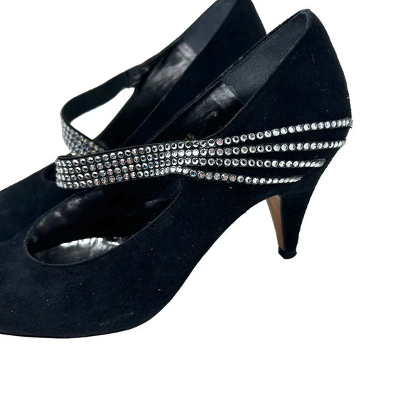 Lanvin Paris Vintage Black Satin Suede Rhinestone Band Bumps Size 35‎ / US 5 - Picture 6 of 8